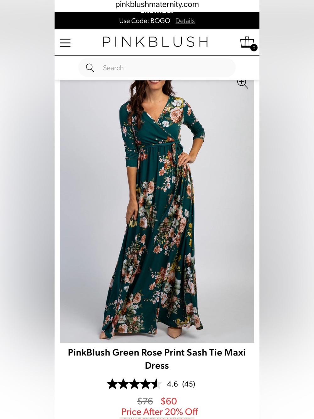 Pink blush Green rose print Sasha tie Maxi Dress maternity